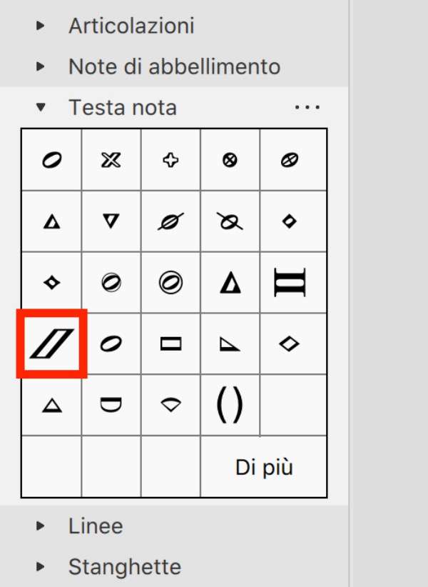 tavolozza testa nota in Musescore