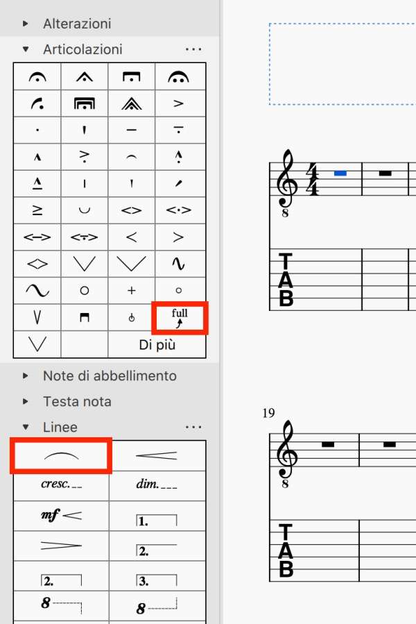 Tavolozze in Musescore