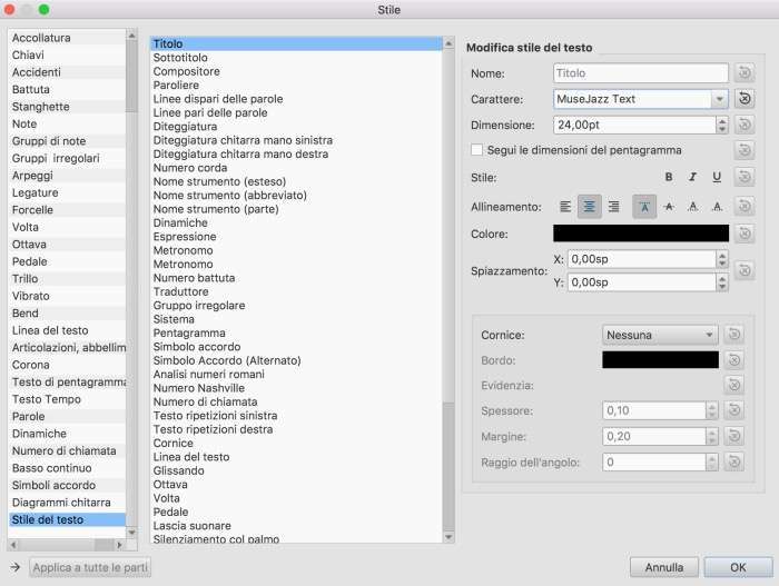 Personalizzare stile nel menù Stile di Musescore