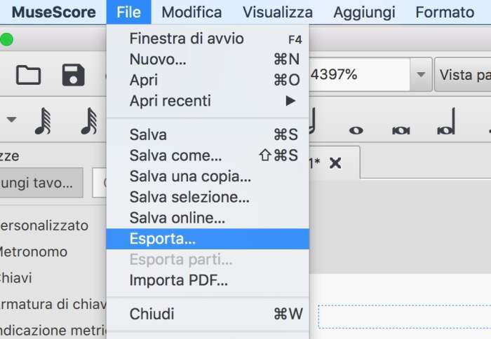Menù File, Esporta