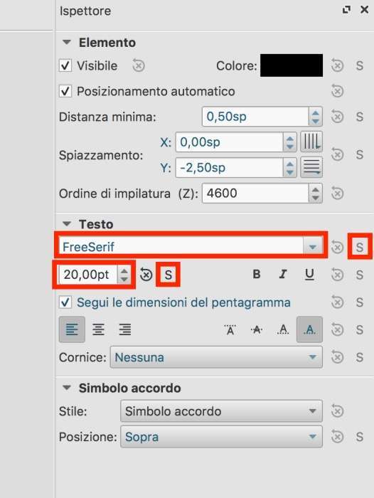 personalizzare stile con Ispettore in Musescore.