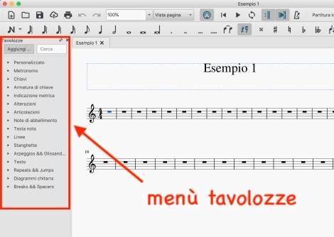 come usare Musescore: menù tavolozze