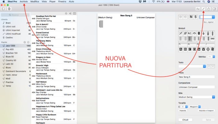 come creare una nuova partitura in Ireal Pro